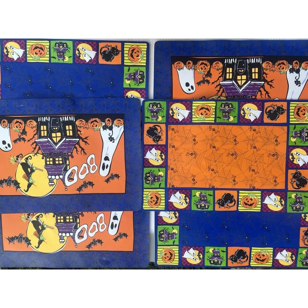 Vintage Halloween Foam Placemats Set of 7 12x18 Ghost Witch Black Cat